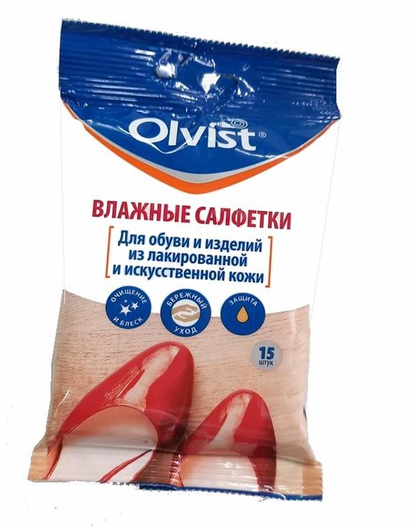 OLVIST Салфетки влажные 15шт для обуви из лакированной и искусственной кожи NEW