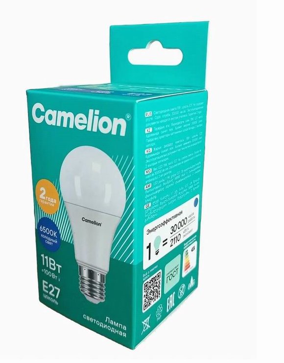 Лампа 11Вт (=100Вт) светодиодная Е27 А60 груша 6500К Холодный свет Camelion