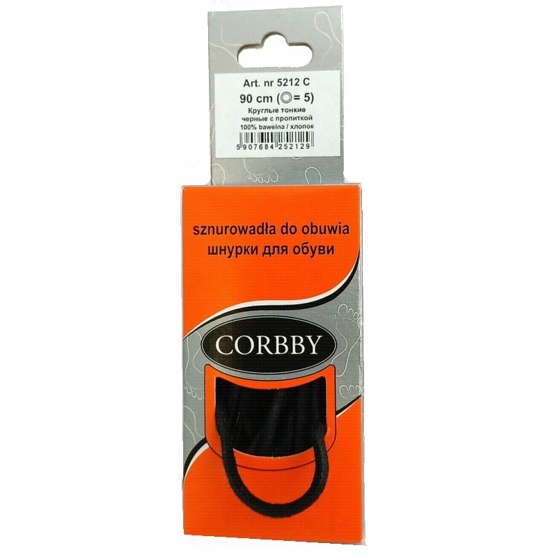 CORBBY Шнурки 90см круглые тонкие с пропиткой Черные