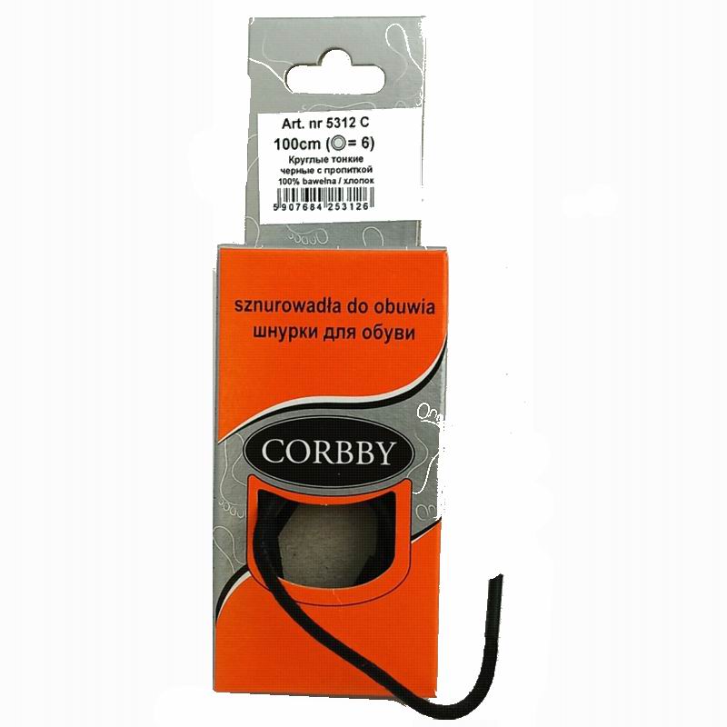 CORBBY Шнурки 100см круглые тонкие с пропиткой Черные