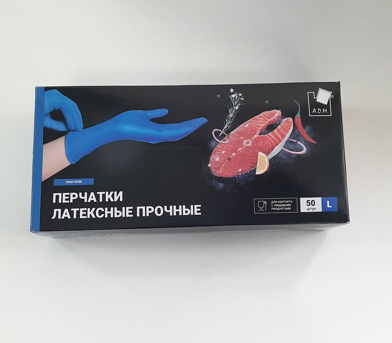 Перчатки латексные р.L прочные, синие (25пар) ADM