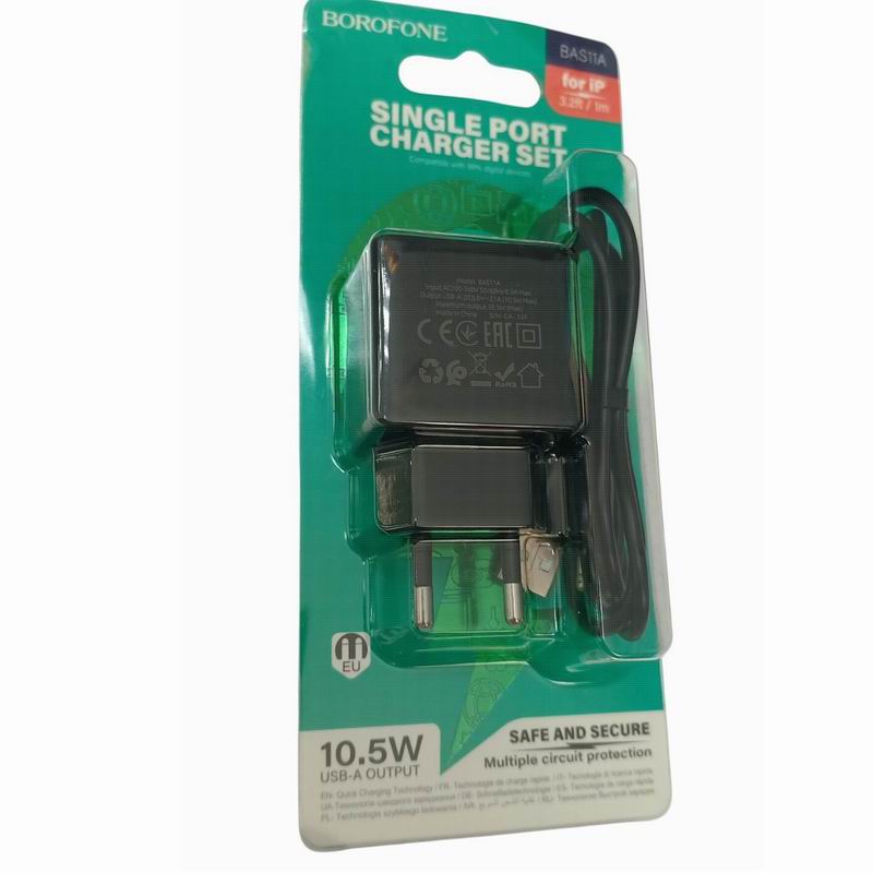 СЗУ блок 2,1А. 1USB,кабель 1м, 10.5W Lightning, Черный Borofone