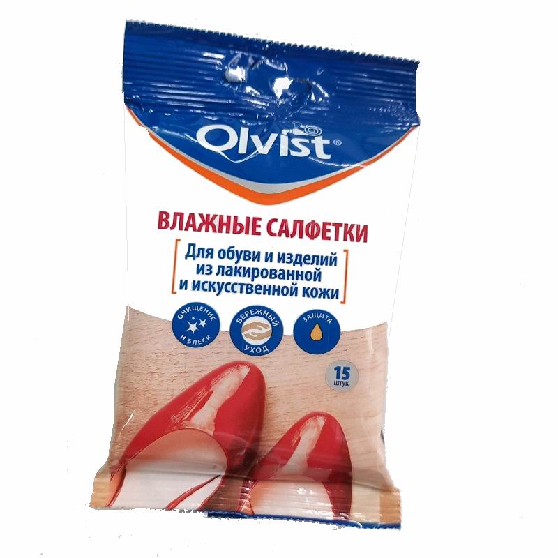 OLVIST Салфетки влажные 15шт для обуви из лакированной и искусственной кожи NEW