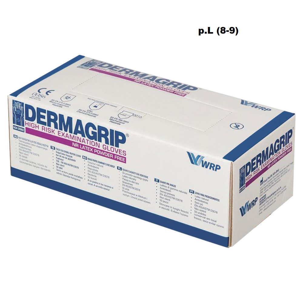 Перчатки латексные р.L (8-9) прочные, синие DERMAGRIP (25пар)
