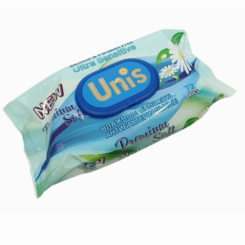Салфетки влажные 72шт Антибактериальные с экстратом Ромашки с клапаном Unis Premium Soft
