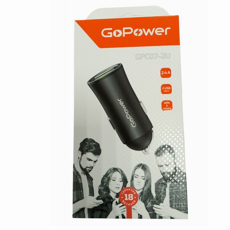 АВТОмобильное З/У, 2USB, 2.4А, 12W к прикуривателю Черный GoPower