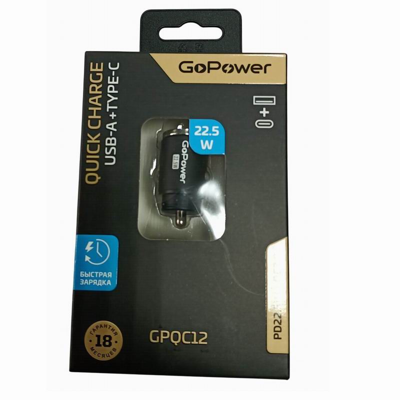 АВТОмобильное З/У, USB+Type-C 22.5W мини к прикуривателю Черный GoPower