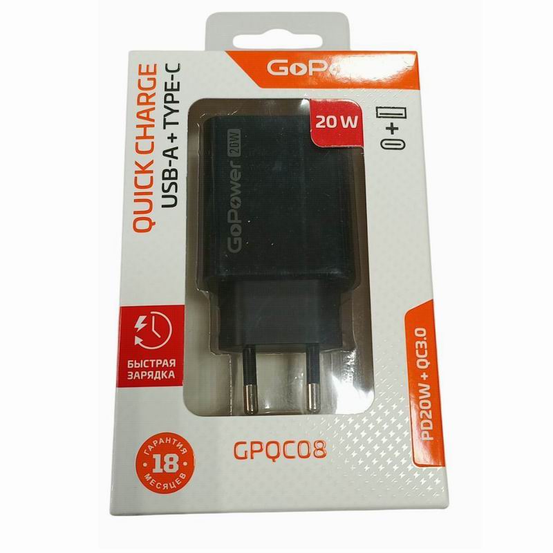 СЗУ блок USB+Type 20W без кабеля Черный GoPower