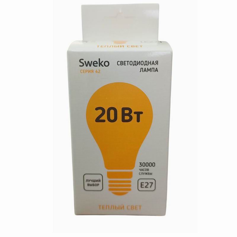 Лампа 20Вт светодиодная Е27 А60 груша 3000К Теплый свет Sweko