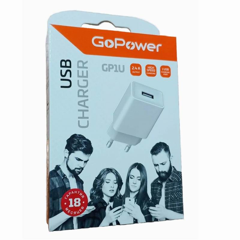 СЗУ блок 1USB 2.4A 12W без кабеля Белый GoPower